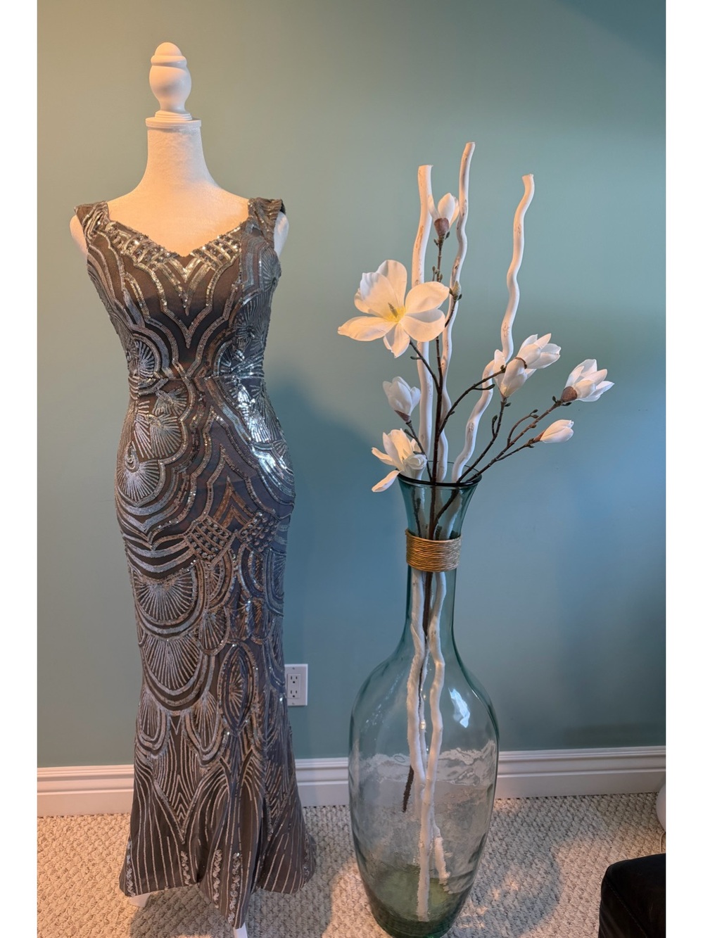 Silver Sequin V-Neck Maxi Gown